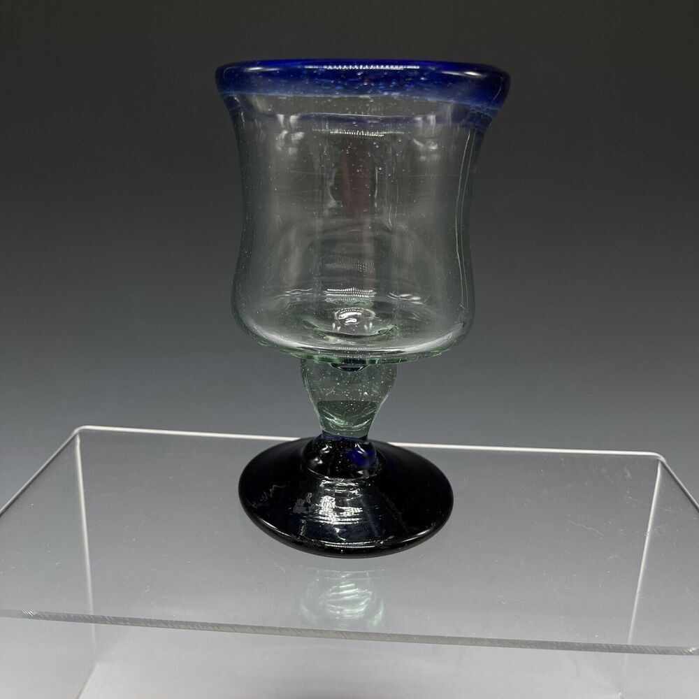 (1 ) Mexican Hand Blown Glass Blue & Clear Candle Holder Or Goblet Cup‎